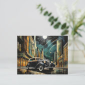 月光の下を走るアートデコ風のヴィンテージカー ポストカード (スタンド正面)