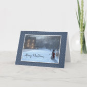 月光の冬のコテージそして雪だるま シーズンカード (正面)