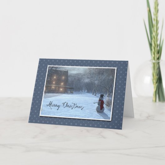 月光の冬のコテージそして雪だるま シーズンカード (正面)