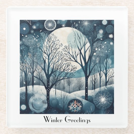 月光の北欧の森林、カスタマイズ可能 ガラスコースター (正面)