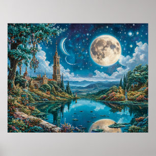 月光の城を持つ魅力的なファンタジーの風景 ポスター
