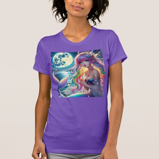 月光の妖精と虹色の人魚が歌うアニメ少女 Tシャツ (正面)