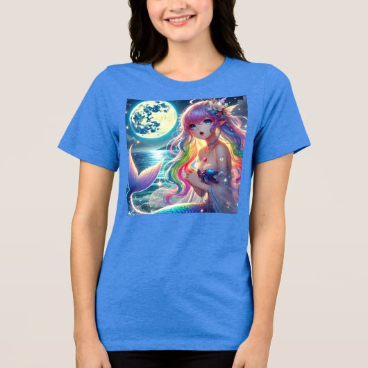 月光の妖精 虹色の人魚 アニメ少女の歌 トライブレンドTシャツ (正面)