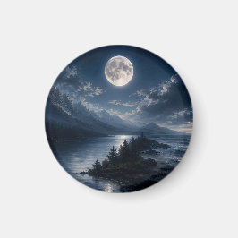 月光の山と湖の壁画アート フルムーン マグネット