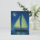 月光の帆船 - パステル画風の夜のアート ポストカード (スタンド正面)