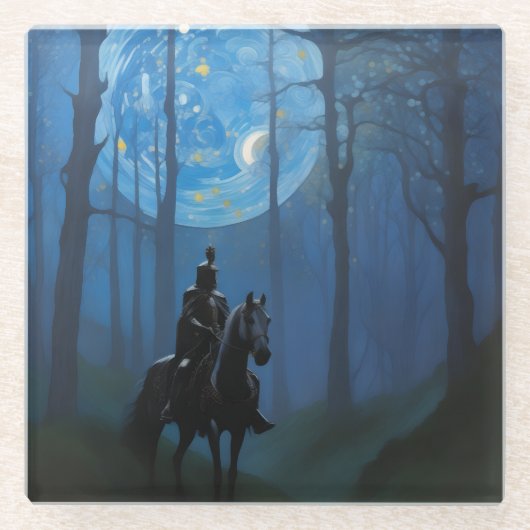月光の森の神秘的な黒騎士 ガラスコースター (正面)