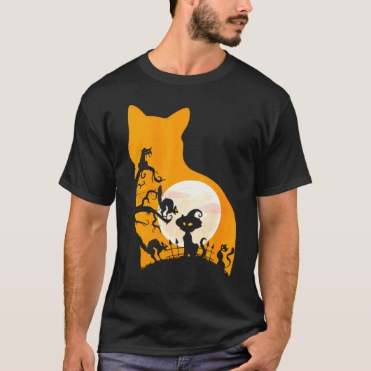 月光の猫魔女 ハロウィン 黒猫 淑女 Tシャツ (正面)