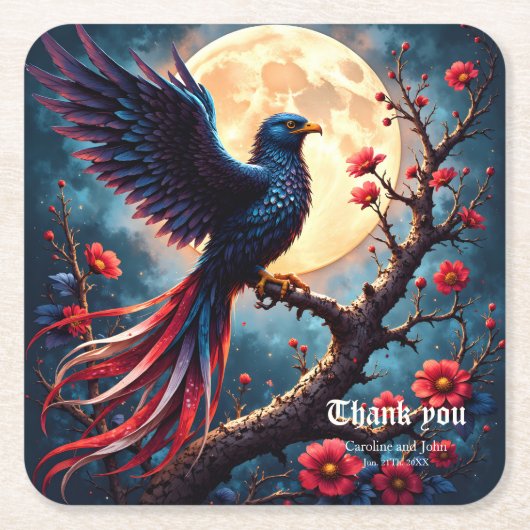 月光の紅翼 ~神秘的な幻想の鳥~ スクエアペーパーコースター (正面)