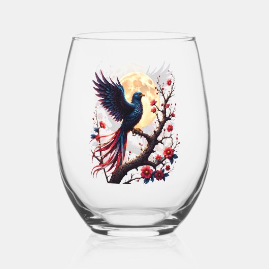 月光の紅翼 — 神秘的な幻想の鳥 ステムなしワイングラス (正面)