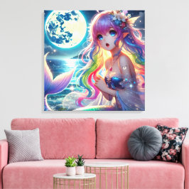 月光を歌うアニメガールPixie Rainbow Mermaid キャンバスプリント