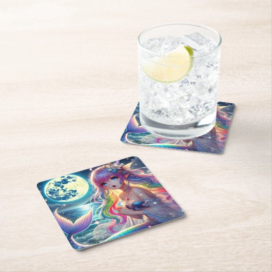 月光を歌うアニメガールPixie Rainbow Mermaid スクエアペーパーコースター (インサイチュ)