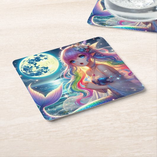 月光を歌うアニメガールPixie Rainbow Mermaid スクエアペーパーコースター (アングル)
