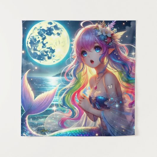 月光を歌うアニメガールPixie Rainbow Mermaid タペストリー (正面)