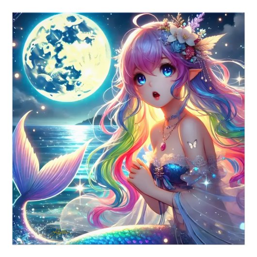 月光を歌うアニメガールPixie Rainbow Mermaid フォトプリント (正面)