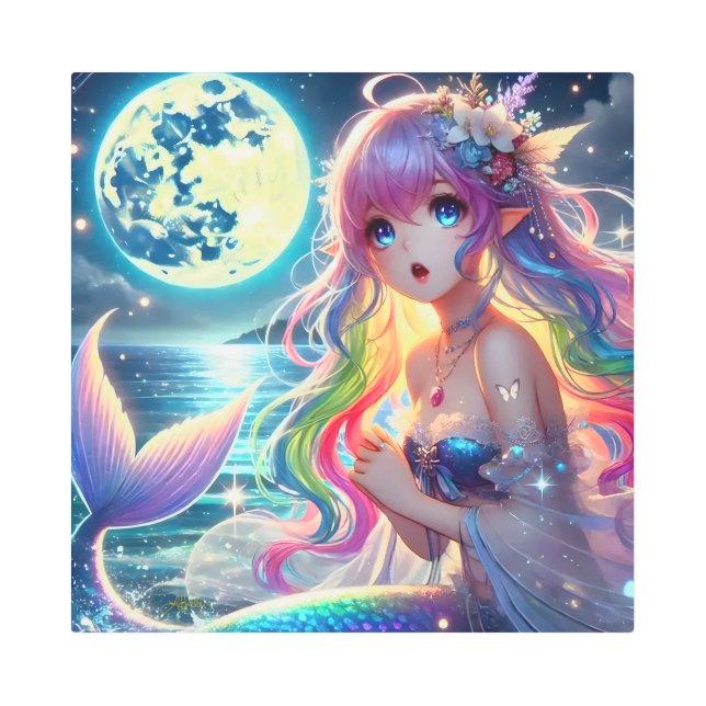 月光を歌うアニメガールPixie Rainbow Mermaid メタルプリント (正面)