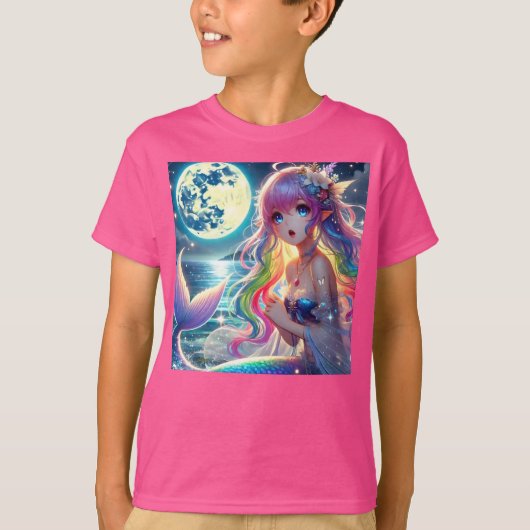 月光を歌うアニメガールPixie Rainbow Mermaid Tシャツ (正面)