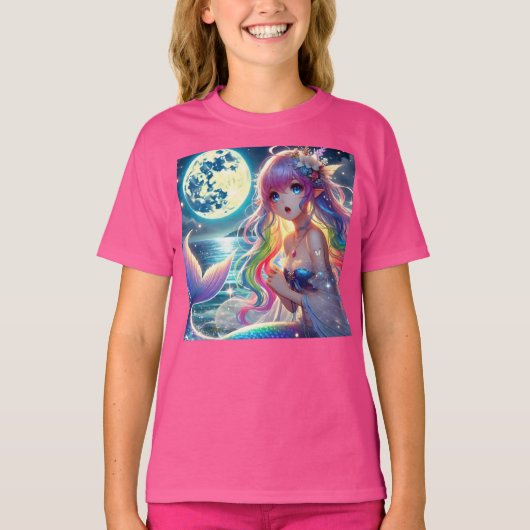 月光を歌うアニメガールPixie Rainbow Mermaid Tシャツ (正面)