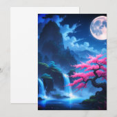 月光桜と滝の日本語RSVPカード - 英語 招待状 (正面/裏面)