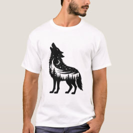 月夜に吠える狼と星と森 動物好き Tシャツ