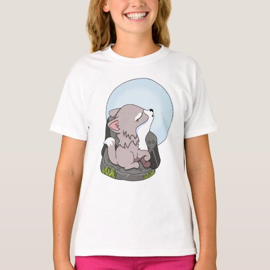 月夜に吠える赤ちゃんオオカミ Tシャツ (正面)
