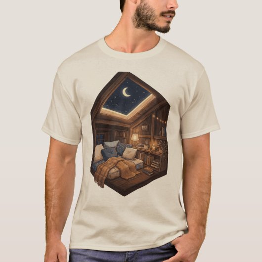 月夜のくつろぎの小屋　読書スペースのイラスト Tシャツ (正面)