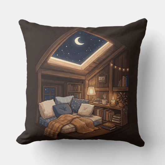 月夜のぬくもりに満ちた小屋の読書スペースのイラスト クッション (正面)