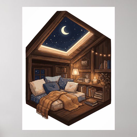 月夜のぬくもりに満ちた小屋の読書スペースのイラスト ポスター (正面)