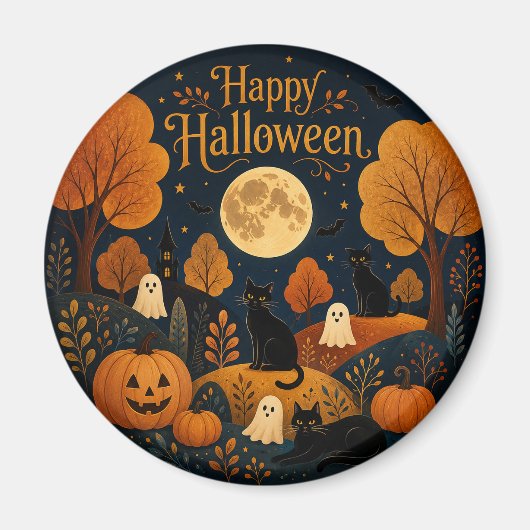 月夜のハロウィン ヒゲと幽霊 マグネット (正面)