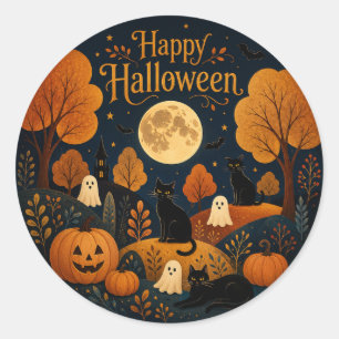 月夜のハロウィン ヒゲと幽霊 ラウンドシール