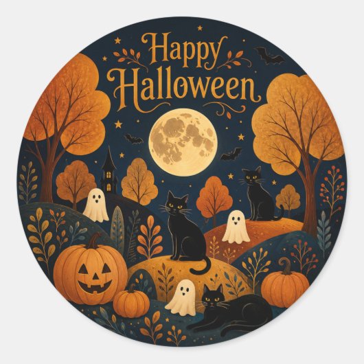 月夜のハロウィン ヒゲと幽霊 ラウンドシール (正面)