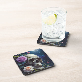 月夜のバラのドクロ ハードプラスチック コースター
