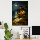 月夜のビーチでウクレレを弾くレトロなハワイの少女 ポスター (ホームオフィス)