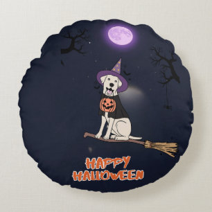 月夜の仔犬 - 魔女の帽子をかぶったハロウィンの犬 ラウンドクッション