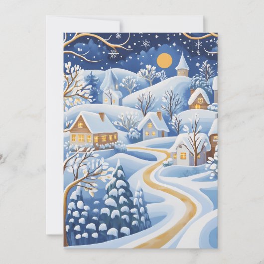 月夜の冬の村のクリスマスカード シーズンカード (正面)