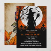 月夜の墓地での魔女 ハロウィンパーティー 招待状 (正面/裏面)