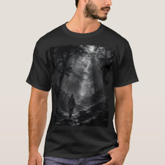 月夜の松林を歩く孤独な旅人 モノクロ Tシャツ