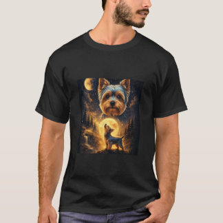 月夜の森に吠えるヨークシャテリア Tシャツ