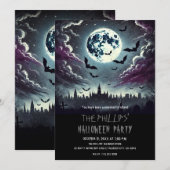 月夜の街の墓場にコウモリ ハロウィンパーティー 招待状 (正面/裏面)