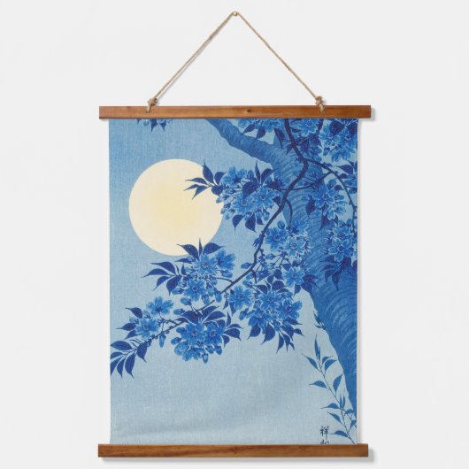月夜の青い木: 日本の桜の夜 吊り下げ型タペストリー (正面)