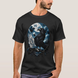 月夜の風景アートに佇むワタリガラス Tシャツ