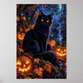 月夜の黒猫ハロウィンポスター ポスター