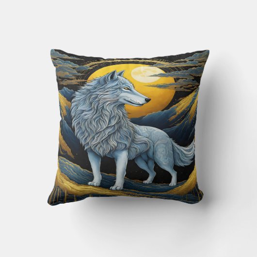 月威厳のあるに照らされた山々の下の狼 クッション (裏面)