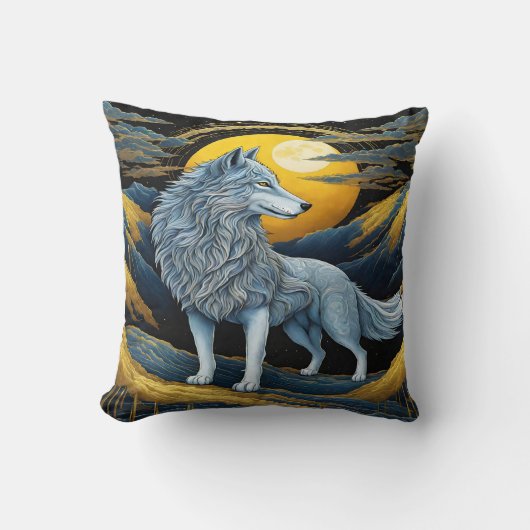 月威厳のあるに照らされた山々の下の狼 クッション (正面)