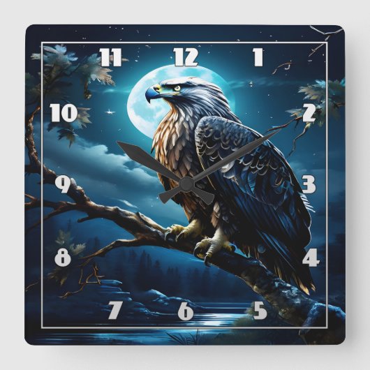 月威厳のある照の空の下に止まったワシ スクエア壁時計 (正面)