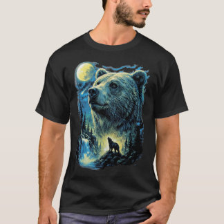 月明かりに佇む雄大な熊の野生動物アート Tシャツ