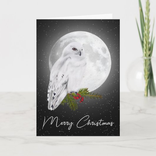 月明かりに浮かぶクリスマスのシロフクロウ カード (正面)