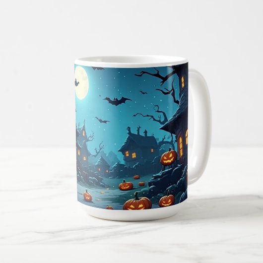 月明かりに浮かぶ幽霊の村とカボチャ 🎃 コーヒーマグカップ (正面右)