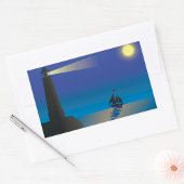 月明かりに浮かぶ灯台と帆船の夜景 長方形シール