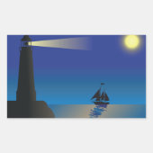 月明かりに浮かぶ灯台と帆船の夜景 長方形シール (正面)