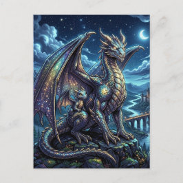月明かりに照らされた天空のドラゴンとベイビードラゴンのファンタジーキャッスル  ポストカード